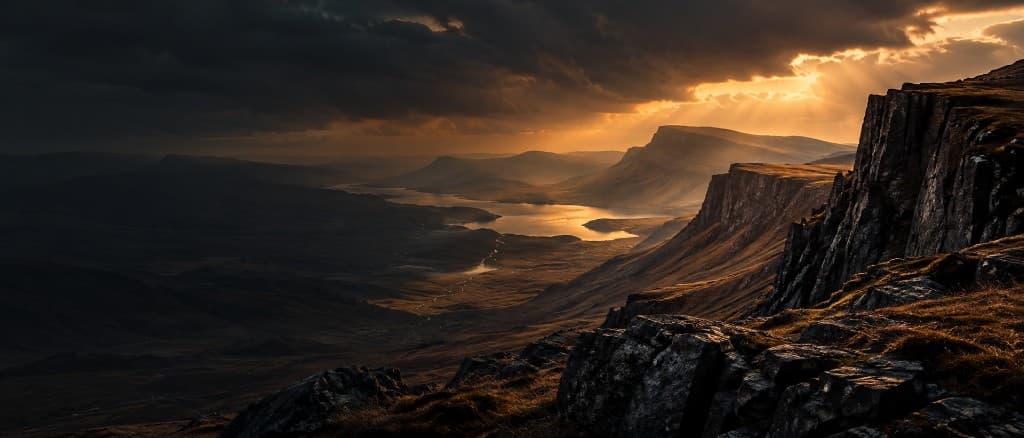 Rocky escarpment above a sunlit valley and loch
