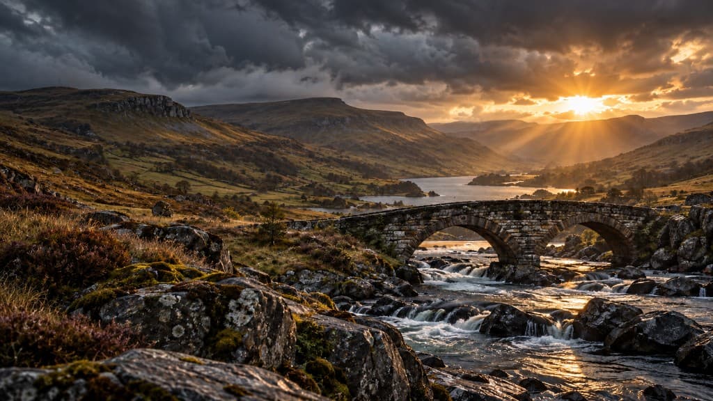 Stone packhorse bridge over a river at sunset